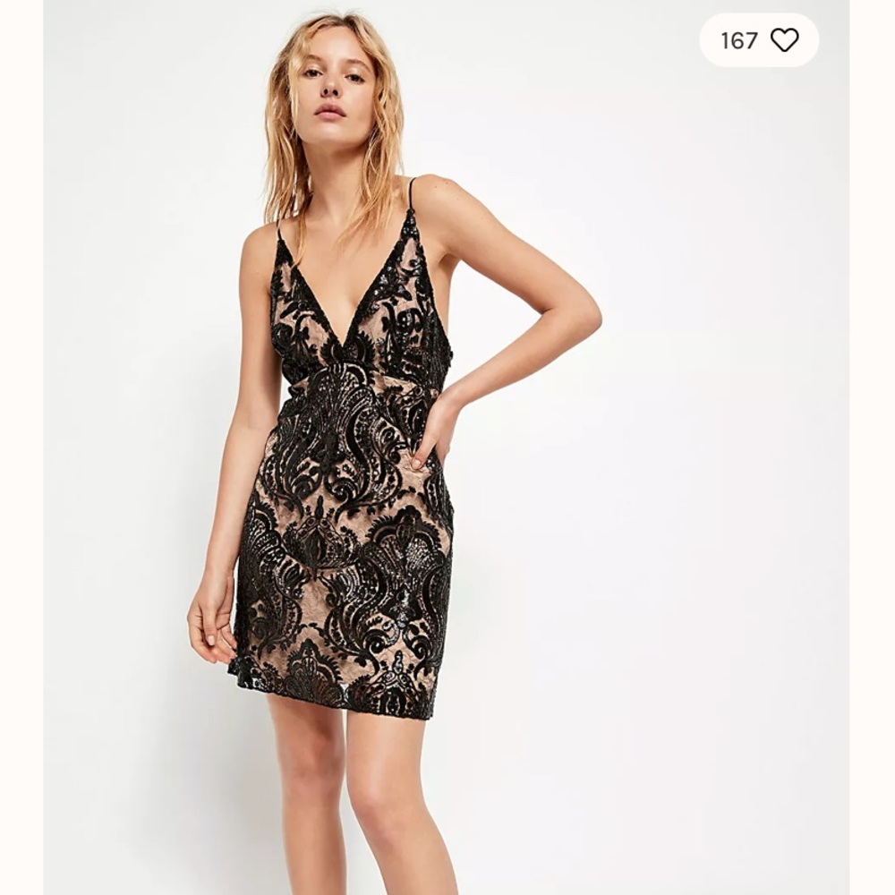 Free People Black Sequin Lace Overlay Mini Dress